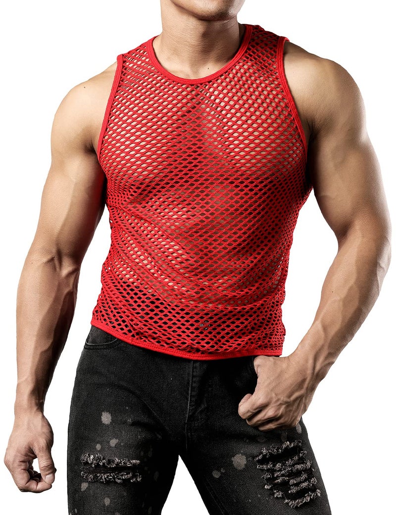 JOGAL Men's Mesh Fishnet Fitted Sleeveless Muscle Top Medium WG01 Red - Image 1